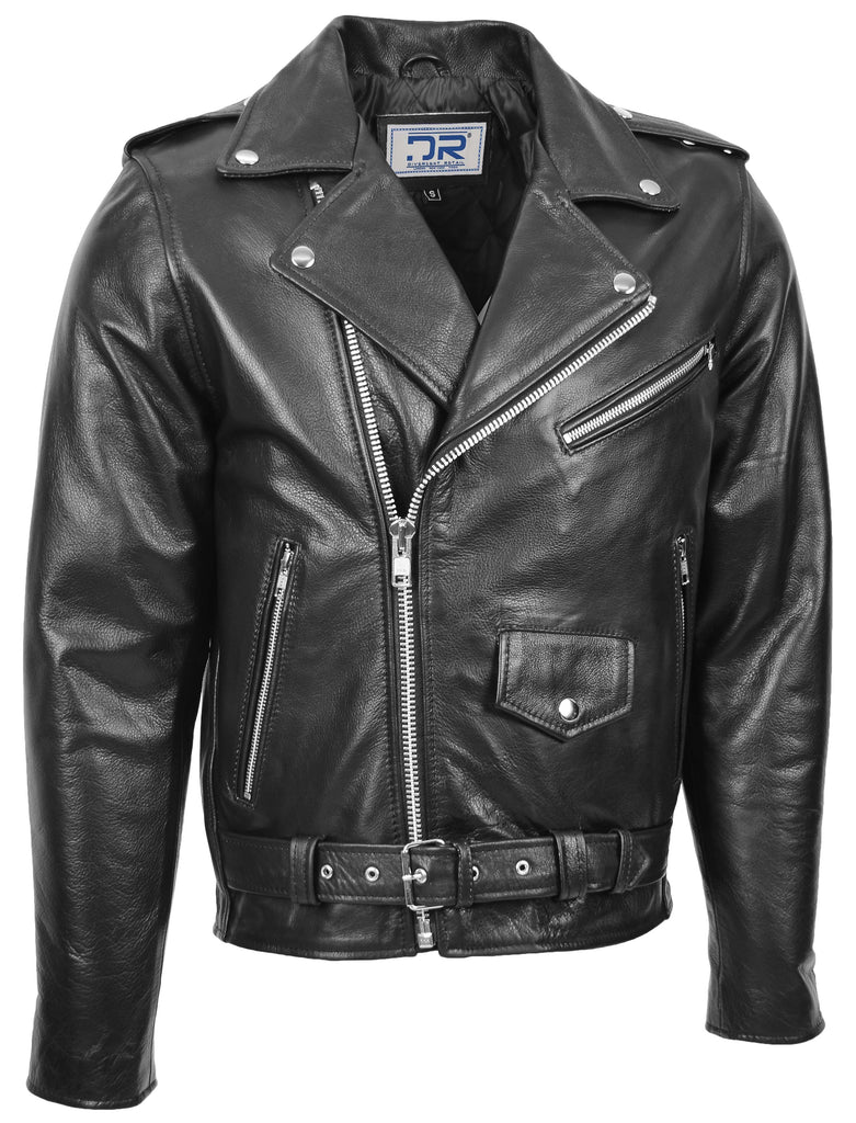 DR159 Men's New Mild Leather Biker Jacket Black 4