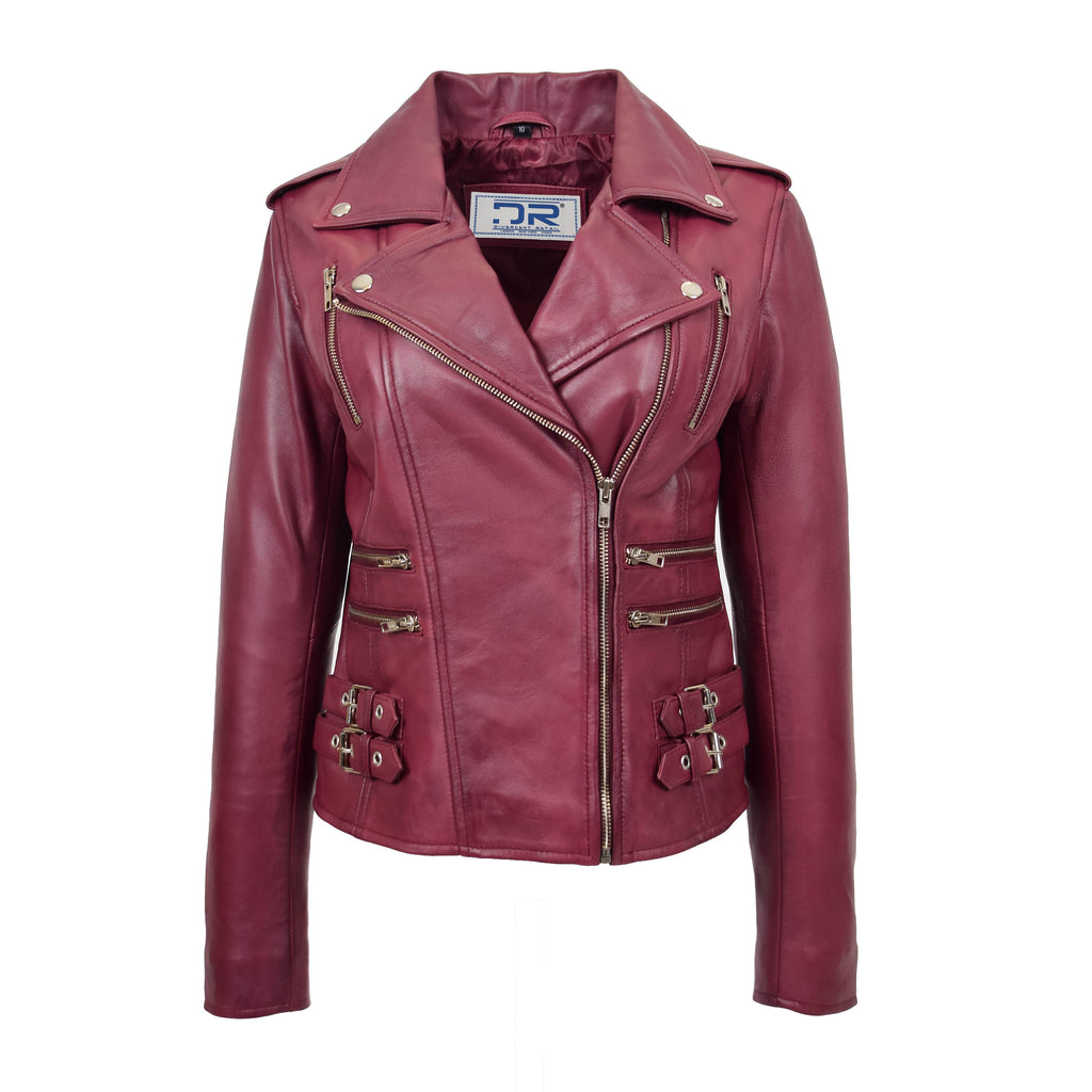 DR195 Women’s Trendy Biker Leather Jacket Burgundy 1