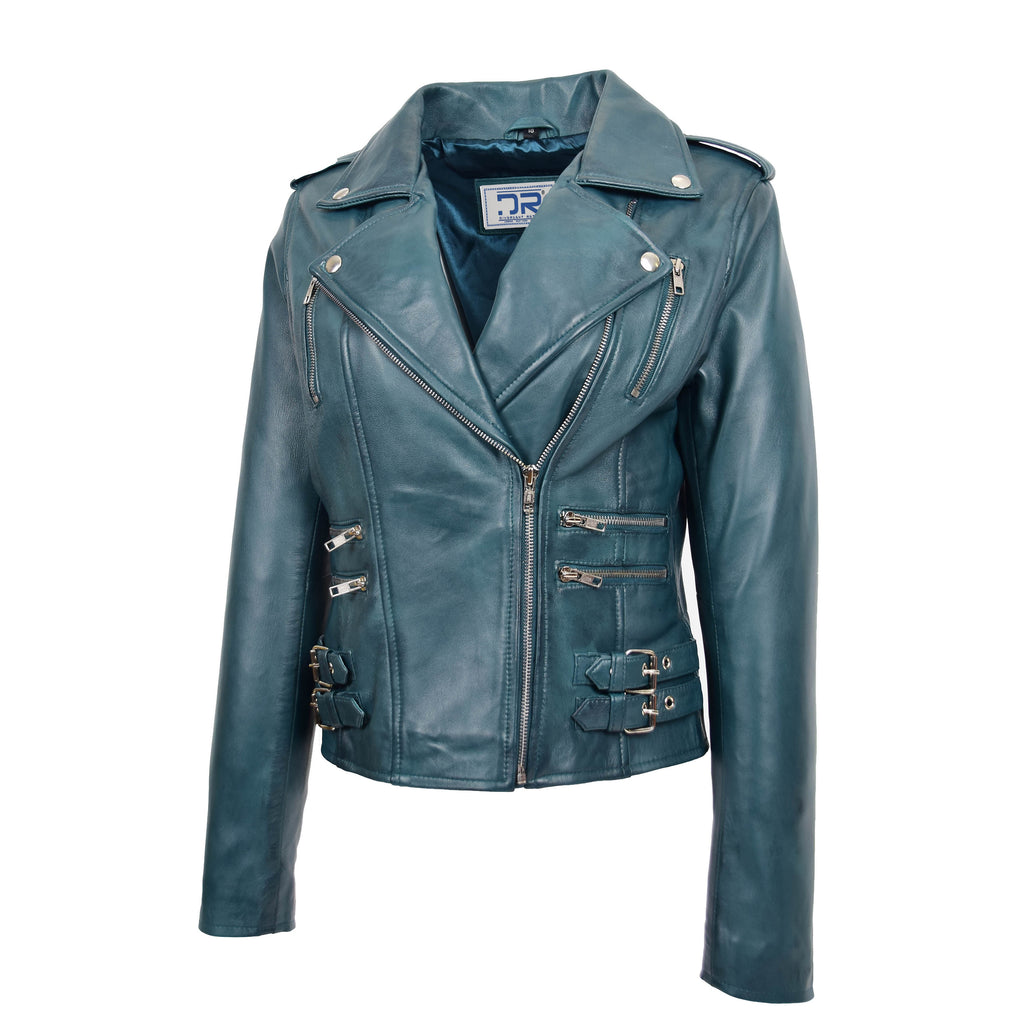 DR195 Women’s Trendy Biker Leather Jacket Teal 3