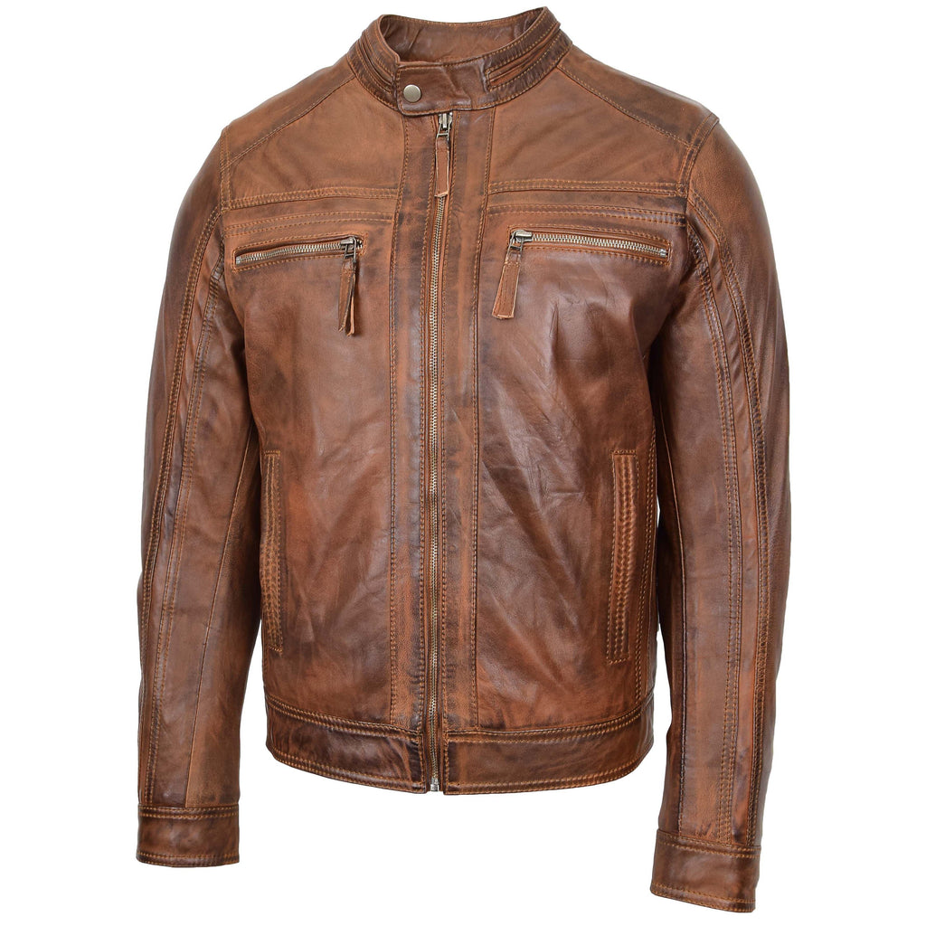 DR530 Men's Biker Cafe Racer Leather Jacket Antique Brown 4