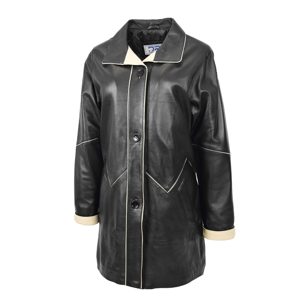 DR203 Ladies Classic Parka Real Leather Coat Trim Jacket Black-Beige 4