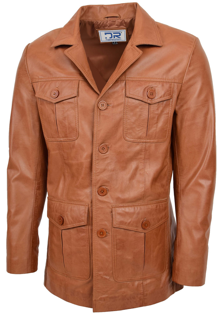 DR136 Men's Classic Safari Leather Jacket Tan 4