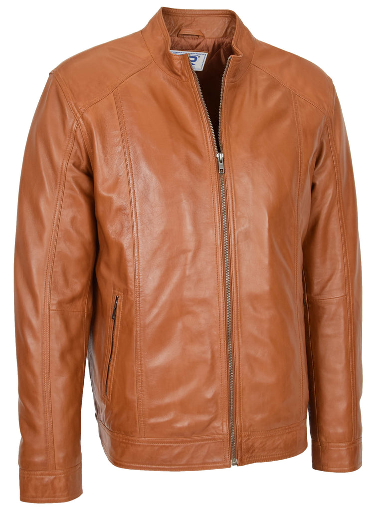 DR153 Men's Casual Biker Leather Jacket Tan 4