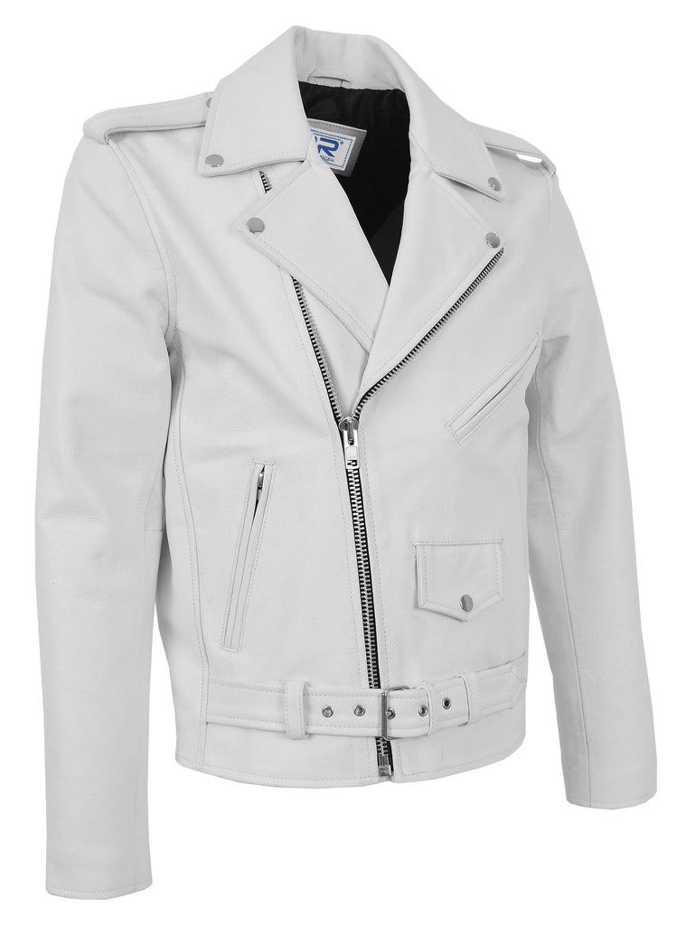 DR159 Men's New Mild Leather Biker Jacket White 3