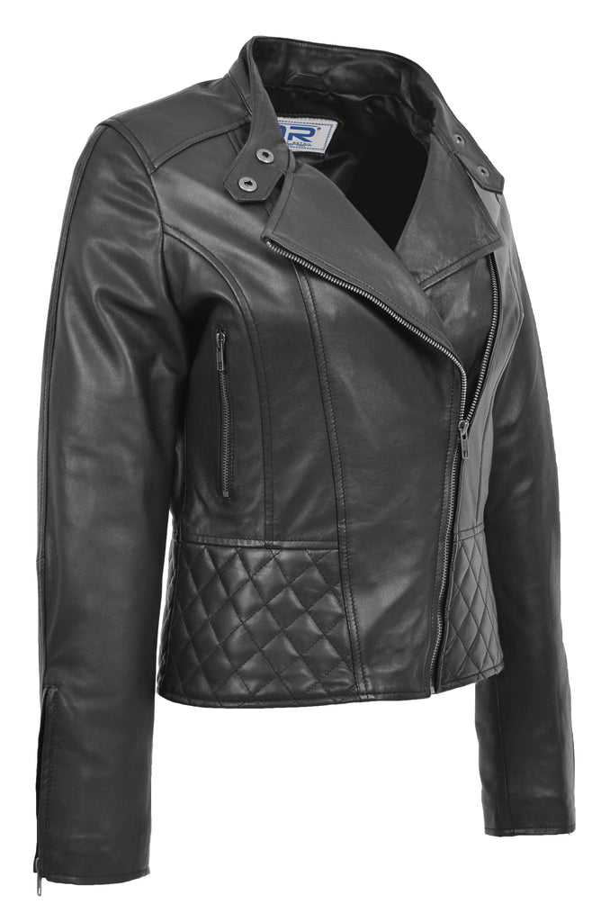 DR233 Women's Biker Leather Jacket Quilted Design Black 4