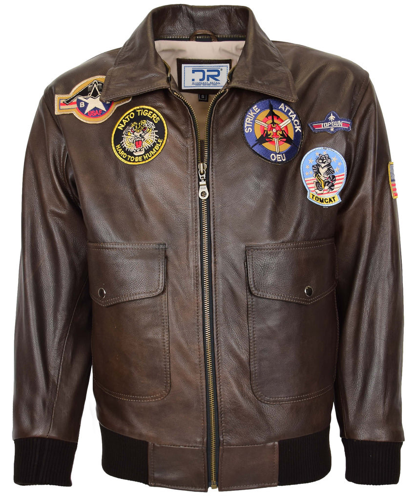 DR154 Men's Classic Top Gun Aviator Leather Jacket Brown 2