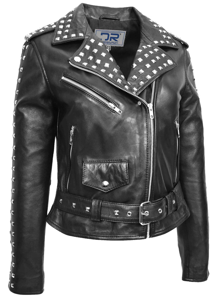 DR256 Women's Studded Biker Style Leather Jacket Black 2