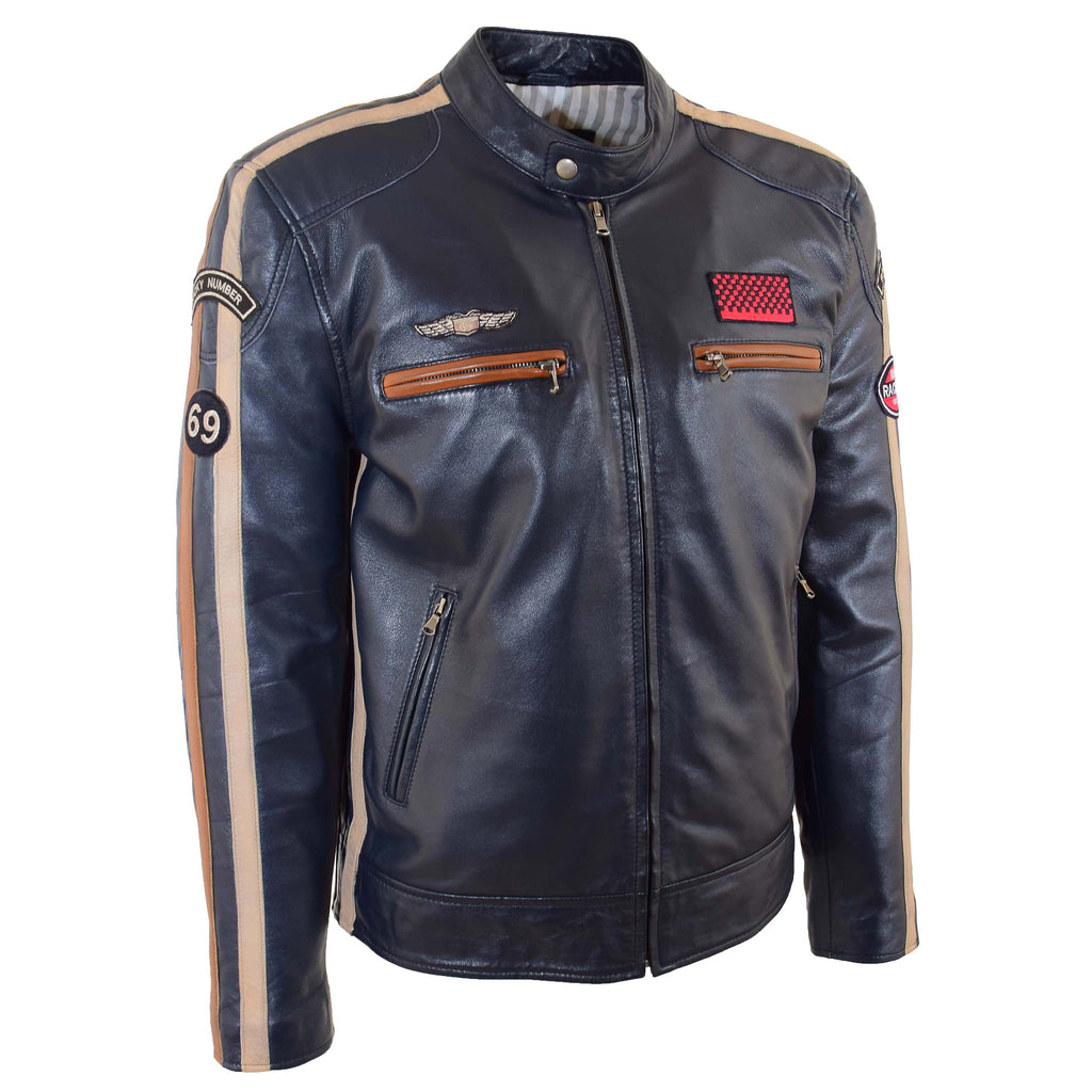 DR529 Men's Genuine Leather Cafe Racer Style Badges Biker Jacket Navy 4