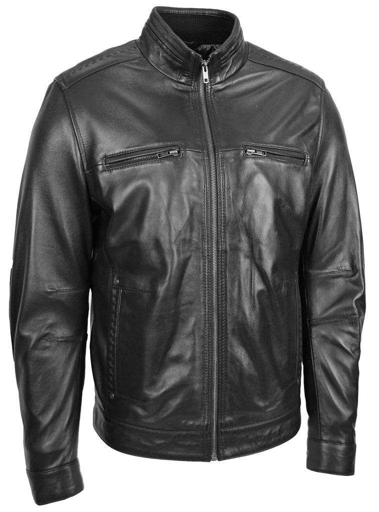 DR131 Men's Black Classic Biker Leather Jacket Black 5
