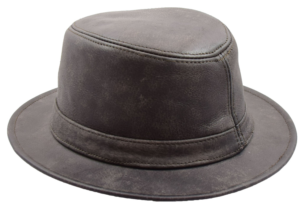 DR506 Real Soft Leather Lightweight Trilby Hat Brown 4