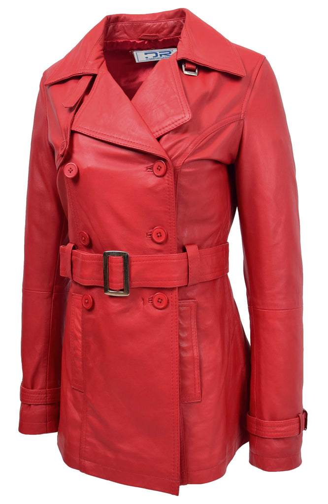 DR201 Women's Leather Buttoned Coat With Belt Smart Style Red 4
