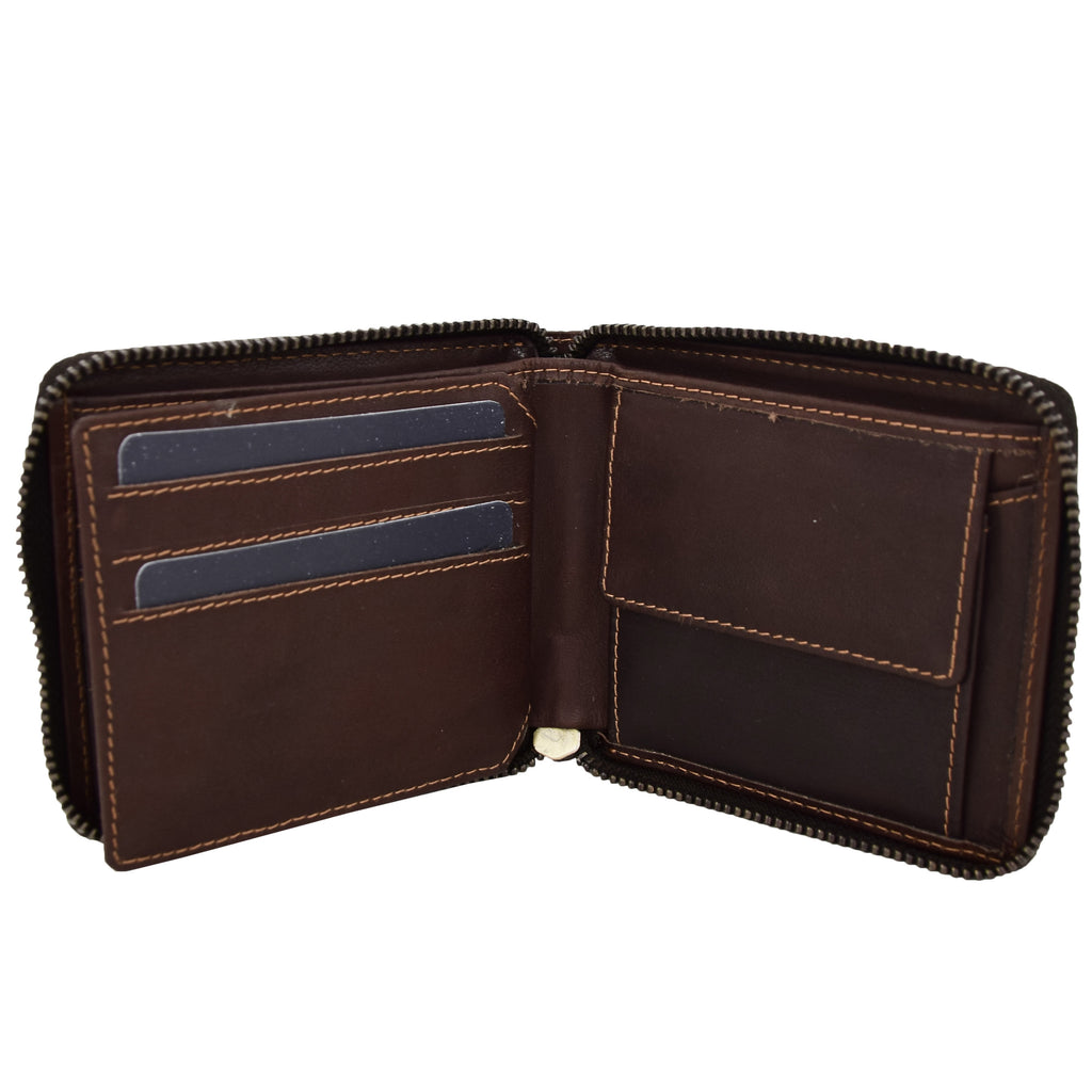 DR411 Men's Rfid Zip Around Real Leather Cards Coins Wallet Brown 1