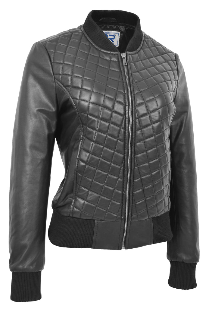 DR211 Women's Quilted Retro 70s 80s Bomber Jacket Black 4