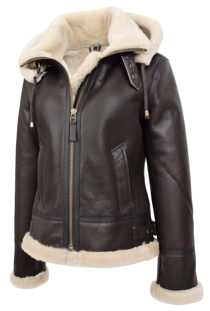 DR248 Women's Real Sheepskin Winter Warm Jacket Brown 4