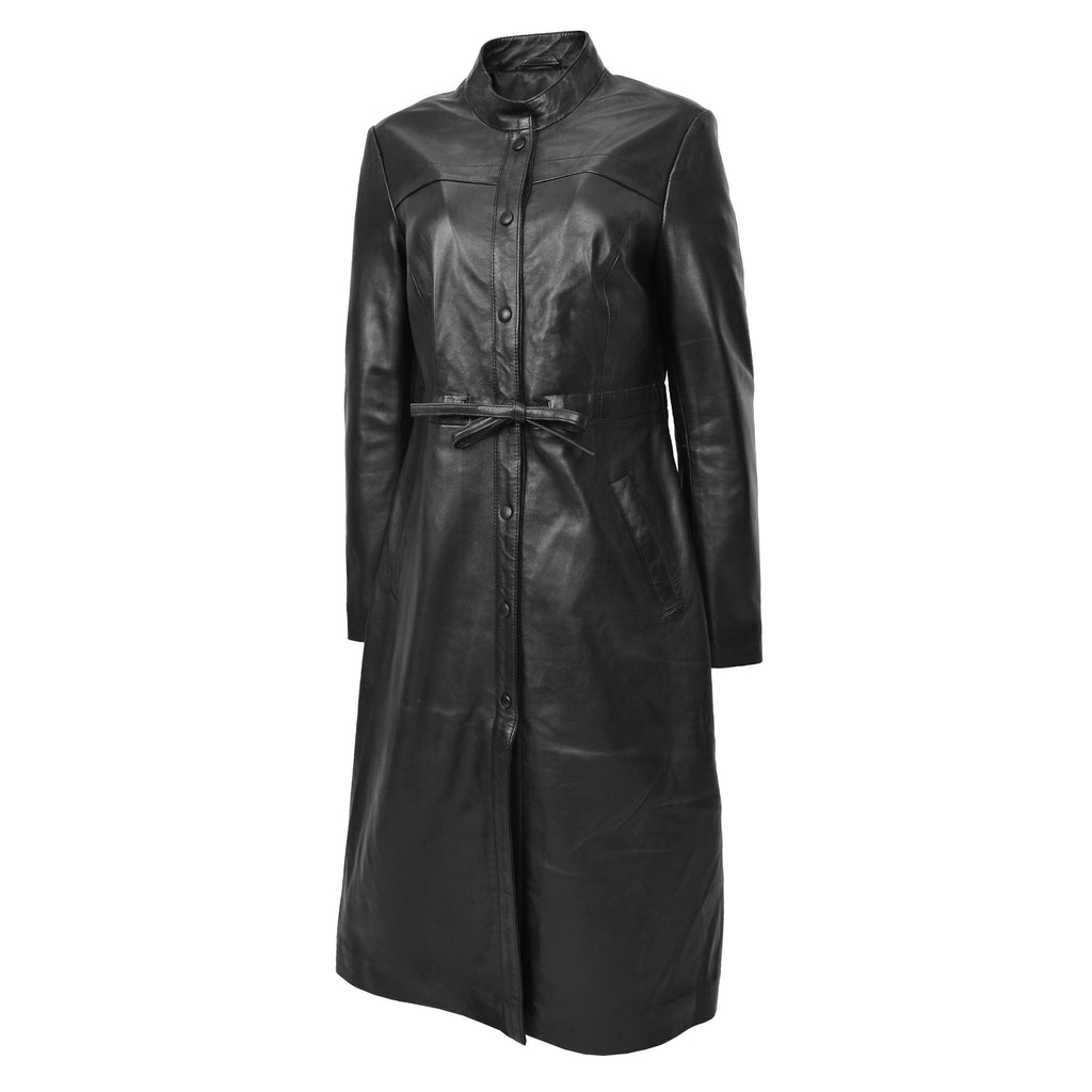 DR240 Women's Real Leather Slim Fit Trench Overcoat Black 5