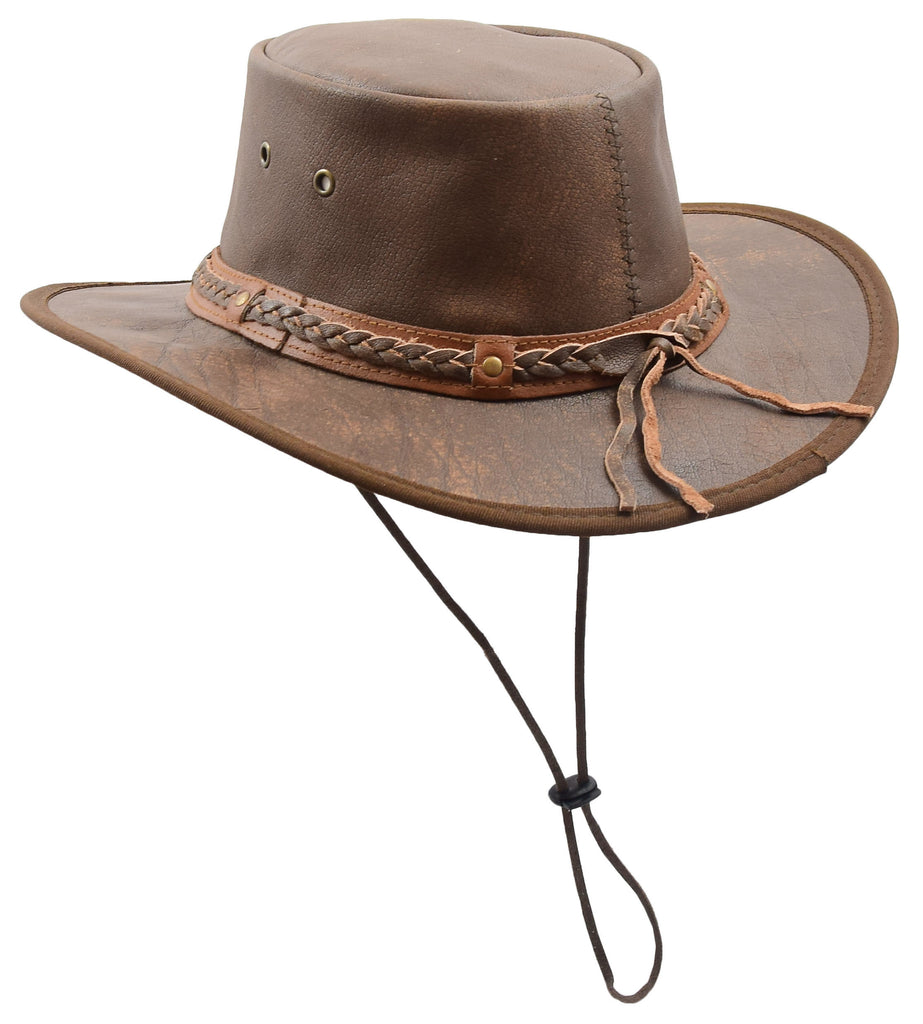 DR504 Leather Cowboy Hat Removable Chin Strap Brown 4