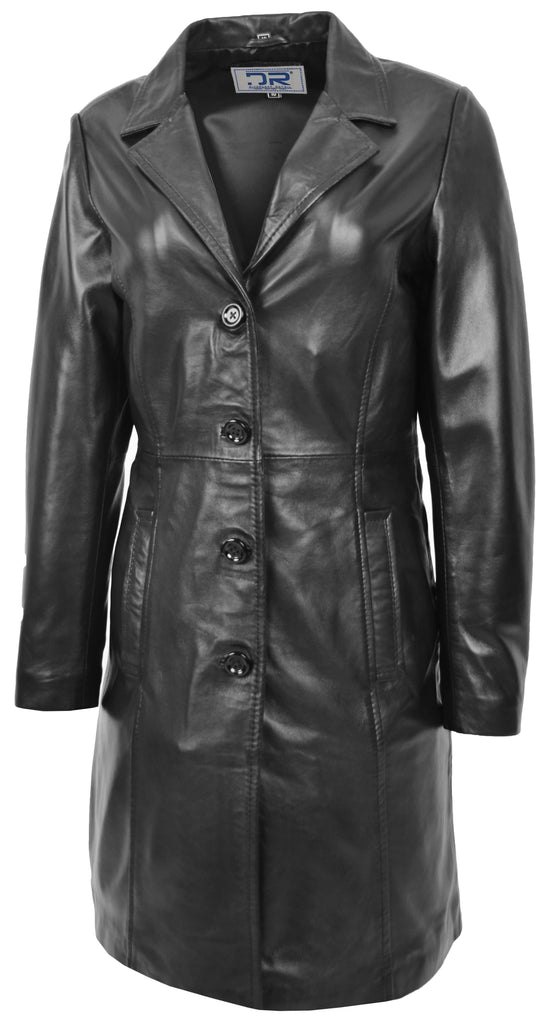 DR267 Ladies 3/4 Long Classic Fitted Soft Leather Coat Black 4