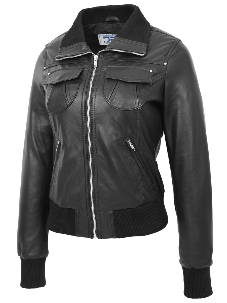DR514 Womens Leather Classic Bomber Jacket Black 3