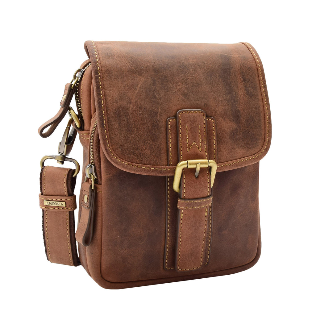 DR386 Men's Smart Crossbody Bag Genuine Leather Messenger Tan 1