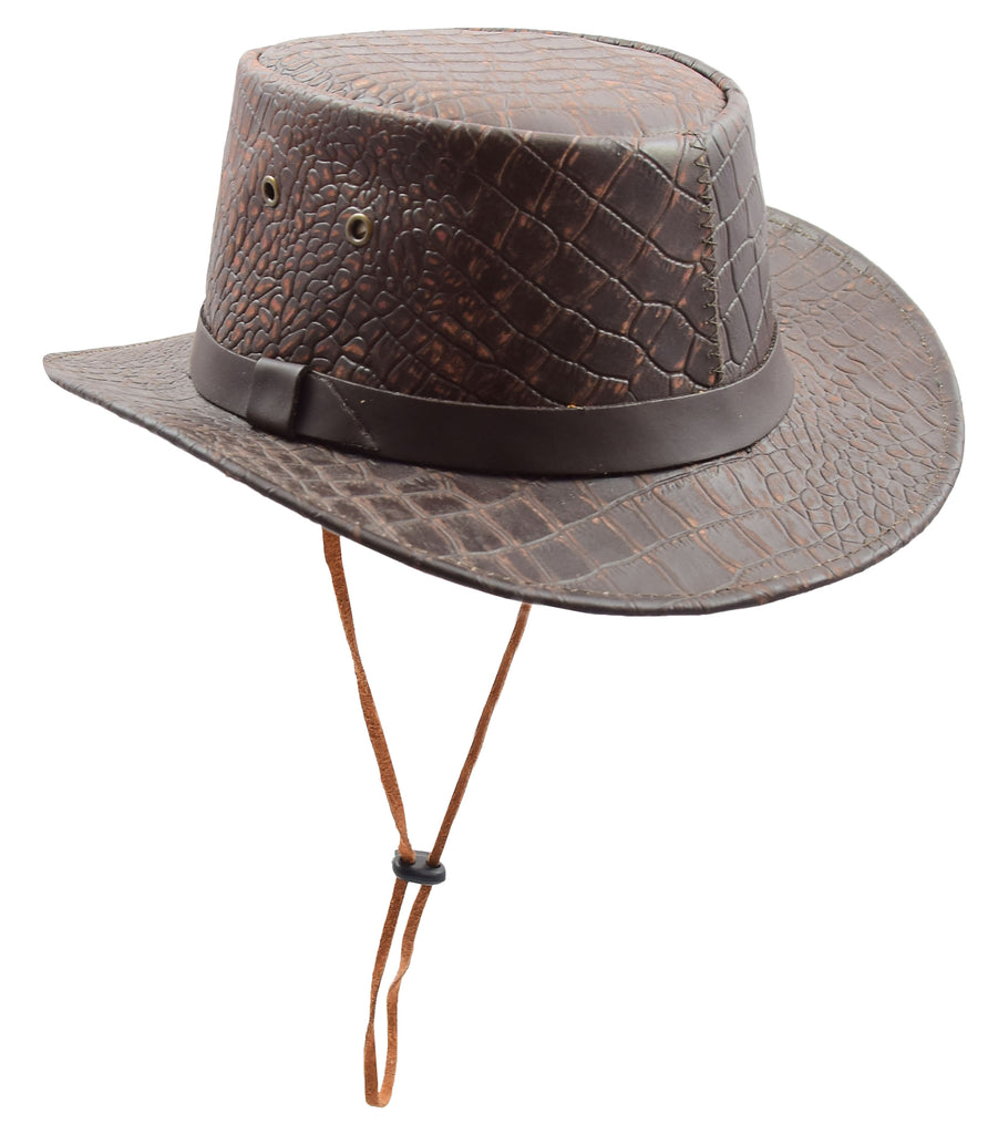 DR505 Leather Hat Detachable Chin Strap Croc Print Brown 4