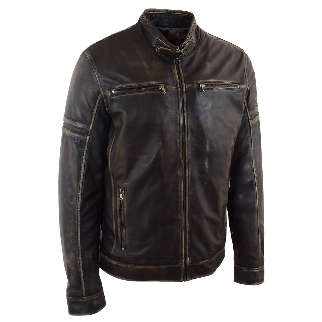 DR528 Men's Genuine Leather Biker Style Jacket Vintage Rub Off Black 4