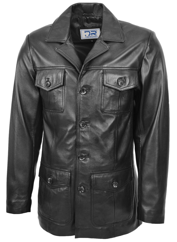 DR136 Men's Classic Safari Leather Jacket Black 6