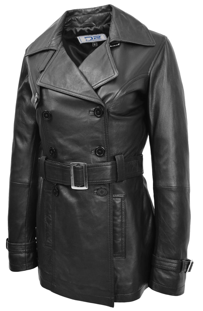 DR201 Women's Leather Buttoned Coat With Belt Smart Style Black 4