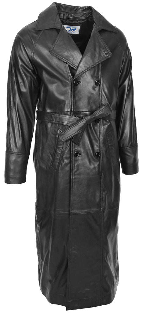 DR157 Men's Trench Double Breasted Full Length Leather Coat Black 3