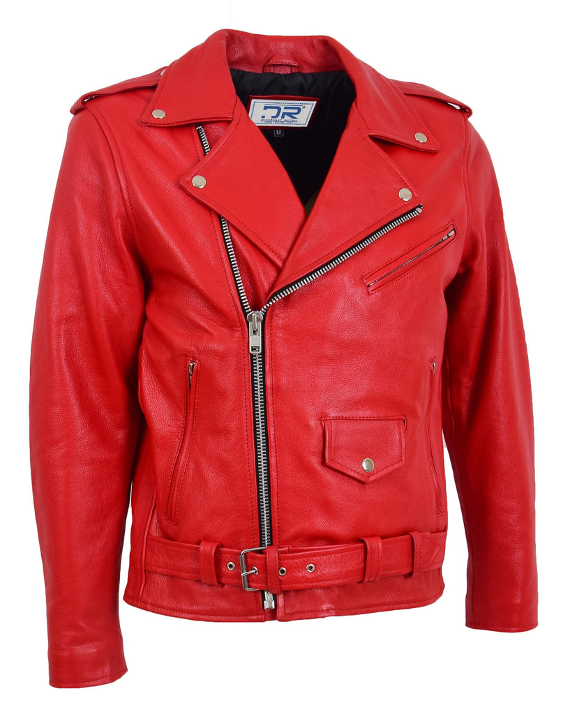 DR159 Men's New Mild Leather Biker Jacket Red 4