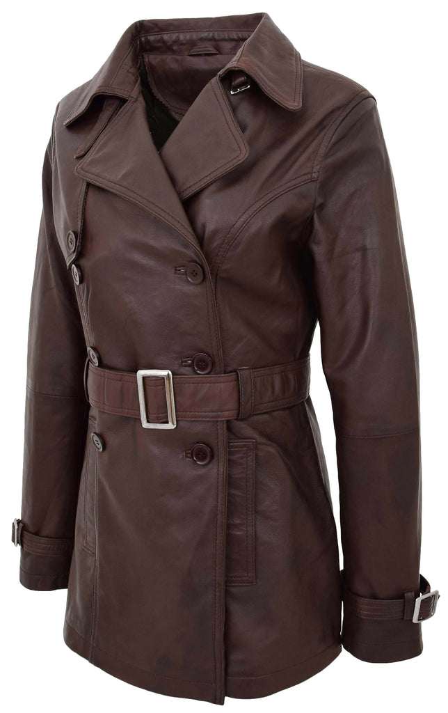 DR201 Women's Leather Buttoned Coat With Belt Smart Style Brown 4