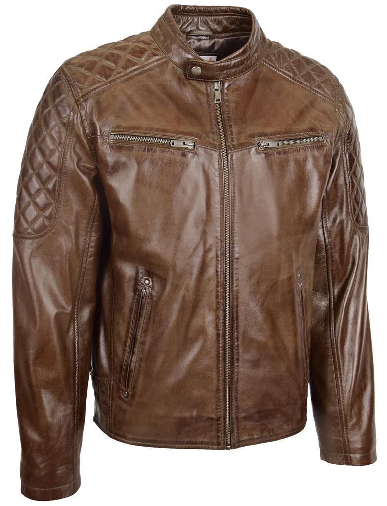 DR158 Men's Classic Quilted Biker Leather Jacket Brown 4