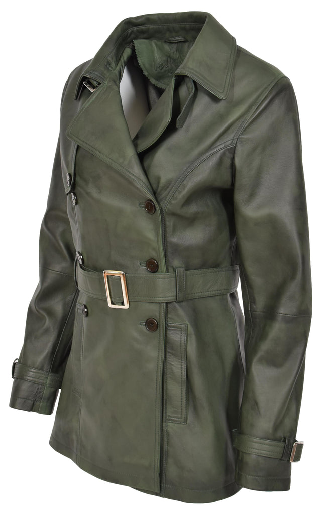 DR201 Women's Leather Buttoned Coat With Belt Smart Style Green 7