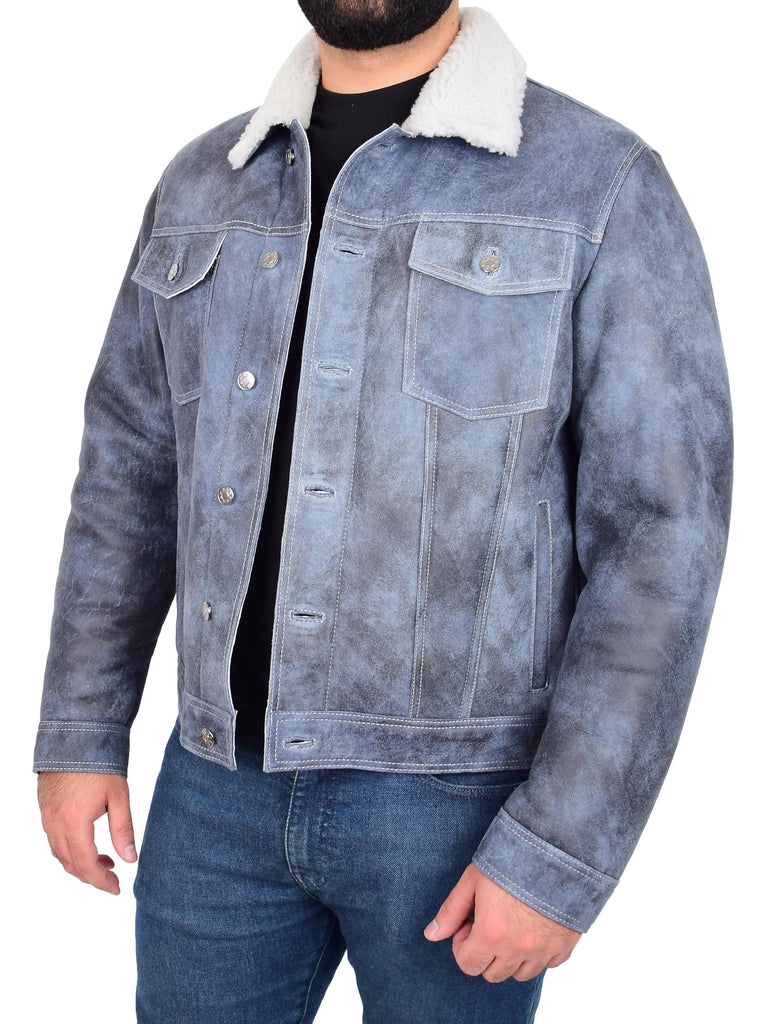 DR180 Men’s Real Sheepskin Denim Jacket Blue 4