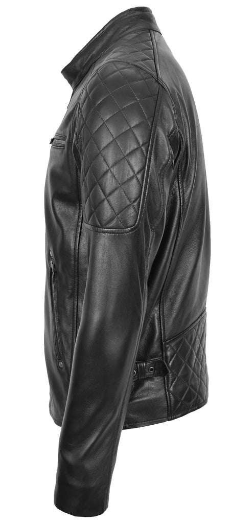 DR158 Men's Classic Quilted Biker Leather Jacket Black 4