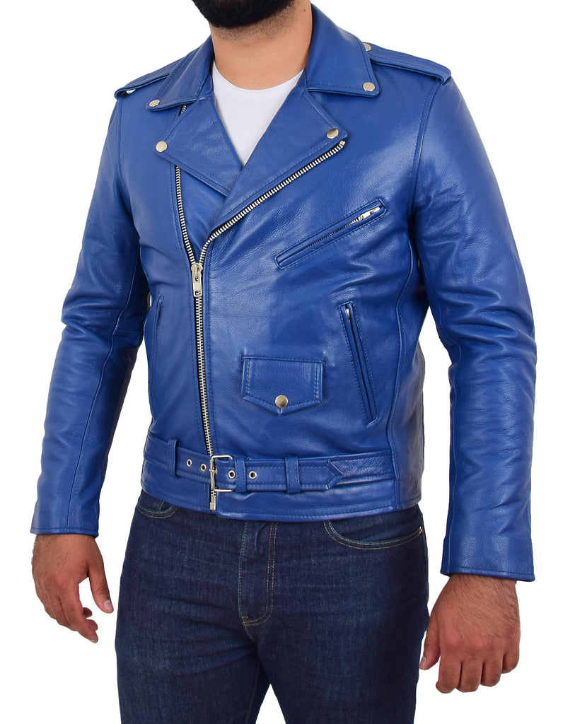 DR159 Men's New Mild Leather Biker Jacket Blue 4