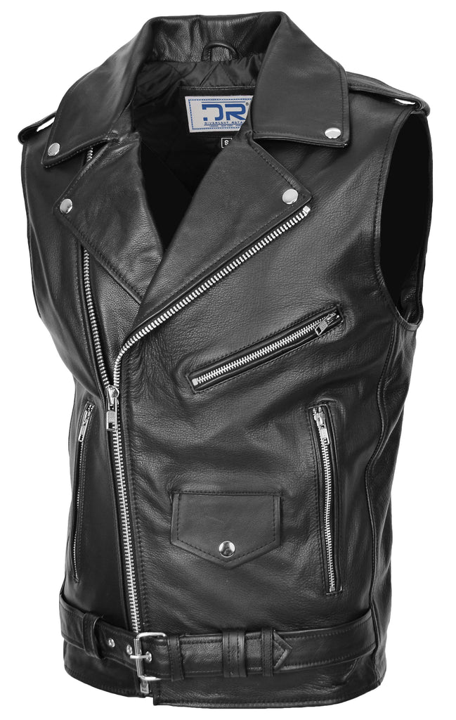 DR161 Men's Biker Style Leather Waistcoat Black 4