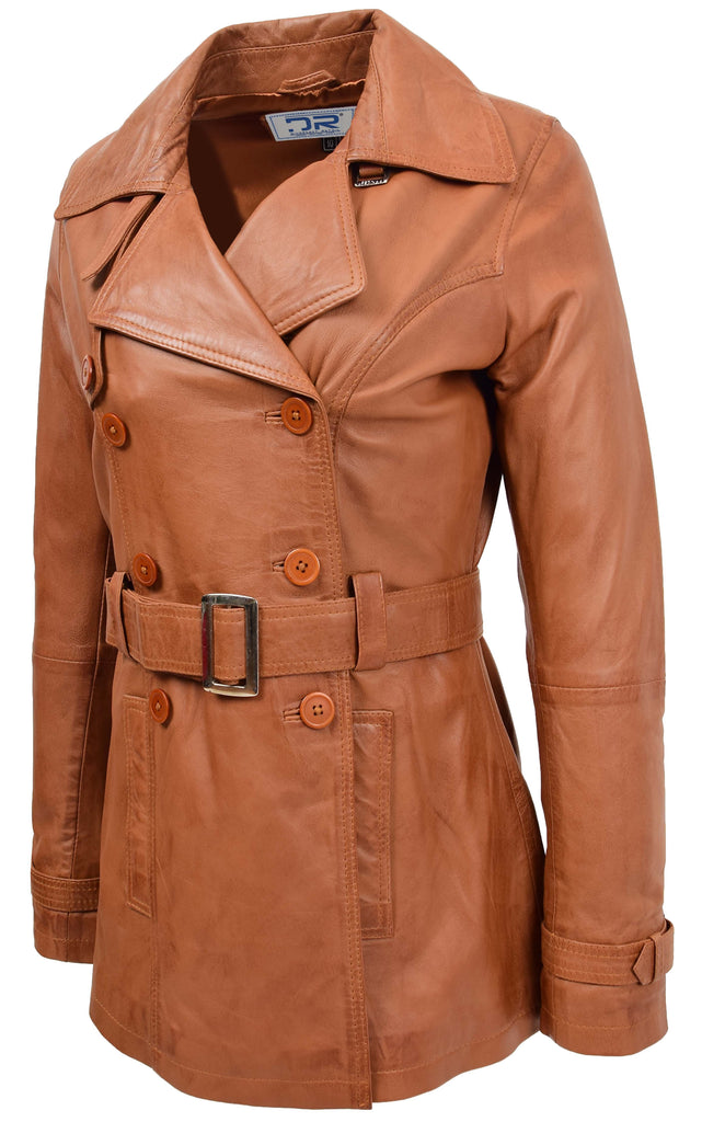 DR201 Women's Leather Buttoned Coat With Belt Smart Style Tan 4