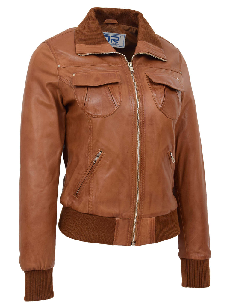 DR514 Womens Leather Classic Bomber Jacket Tan 2