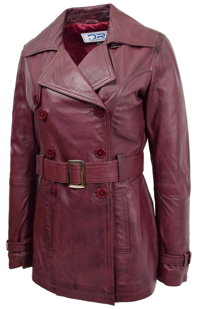DR201 Women's Leather Buttoned Coat With Belt Smart Style Burgundy 4