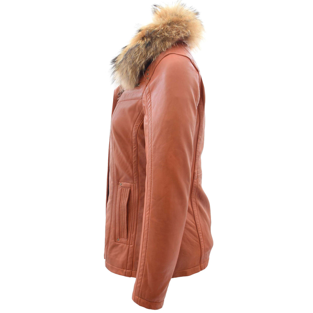 DR258 Women's Leather Jacket with Detachable Collar Cognac 5