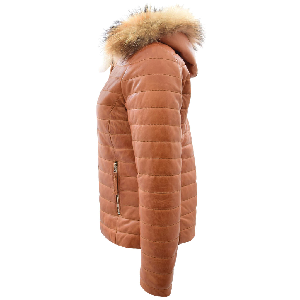 DR262 Women’s Real Leather Puffer Jacket Removable Hood Tan 5