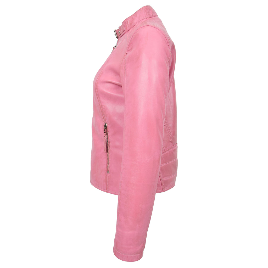 DR263 Women's Real Leather Classic Biker Jacket Pink 5