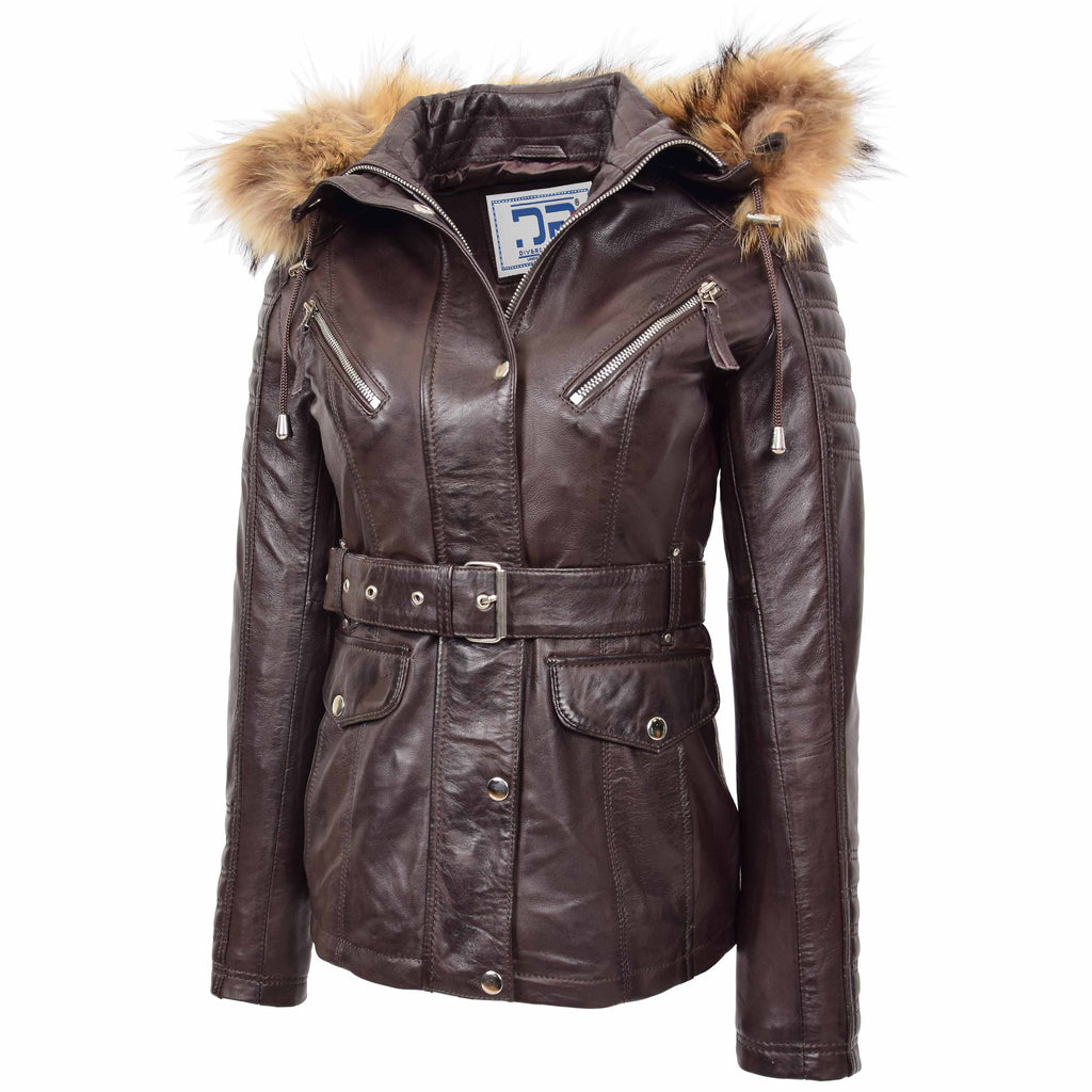 DR264 Women's Leather Parka Coat Detachable Hoodie Waist Belt Brown 2