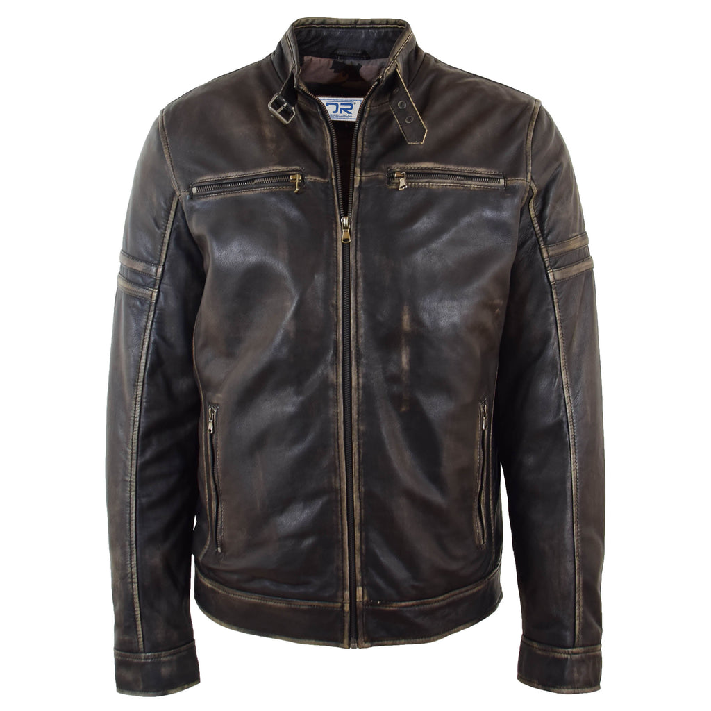 DR528 Men's Genuine Leather Biker Style Jacket Vintage Rub Off Black 5