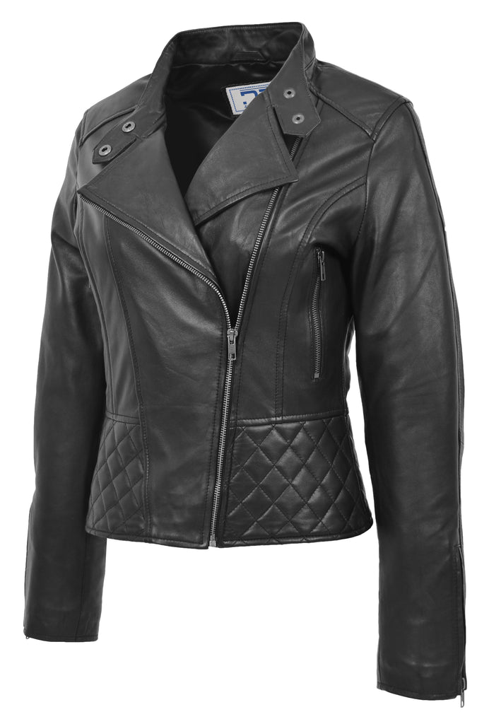 DR233 Women's Biker Leather Jacket Quilted Design Black 5