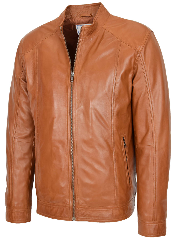 DR153 Men's Casual Biker Leather Jacket Tan 5