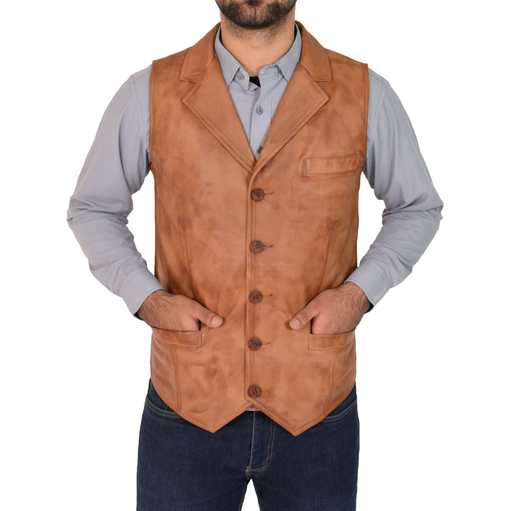 DR126 Men's Blazer Style Sheep Leather Waistcoat Tan 1