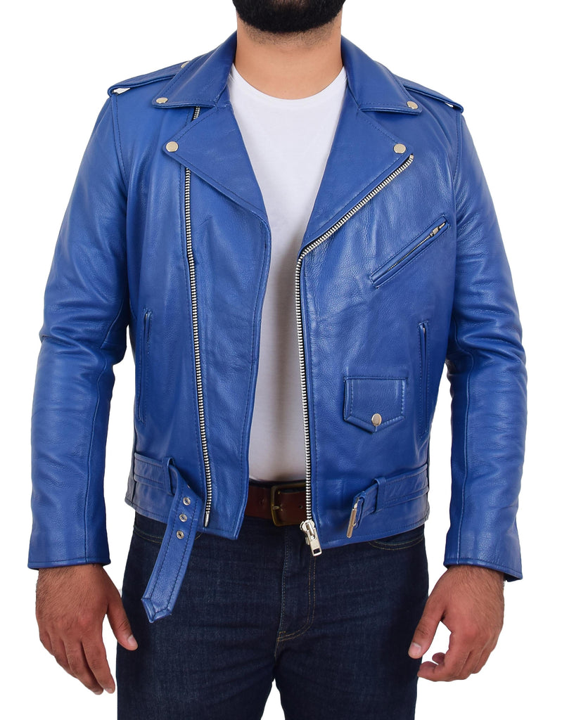 DR159 Men's New Mild Leather Biker Jacket Blue 5