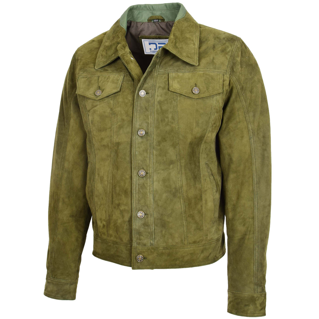 DR124 Men's Suede Buttoned Leather Short Jacket Green 4