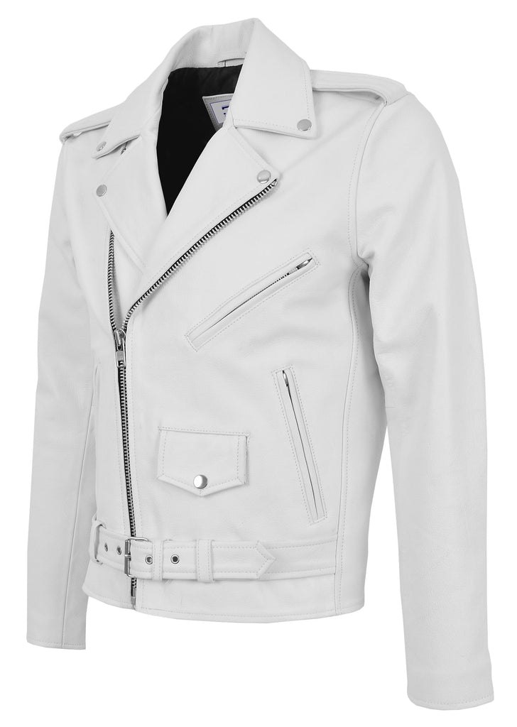 DR159 Men's New Mild Leather Biker Jacket White 6